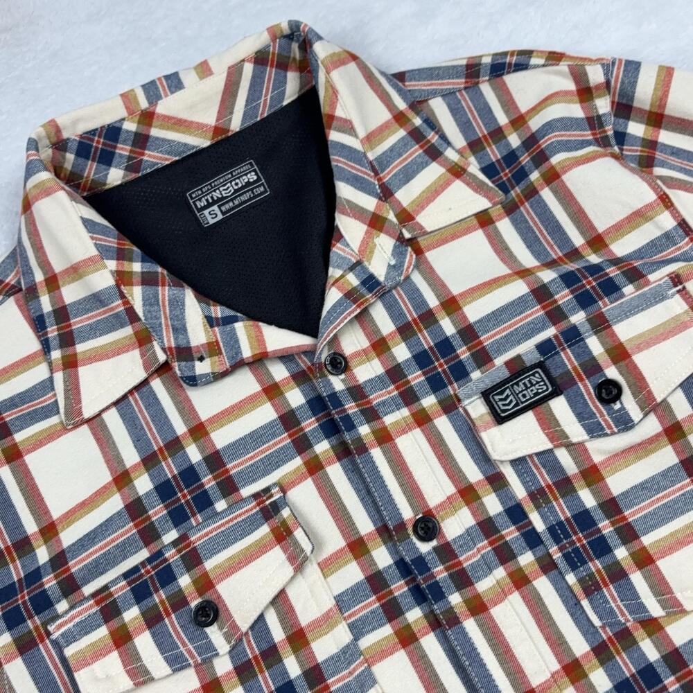 MTN OPS Button Up Shirt Men S Beige Plaid Rayon Polyester Spandex Long Sleeve